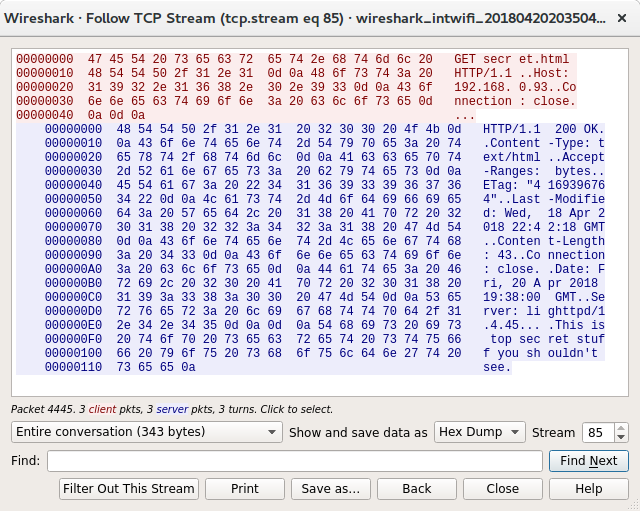 Wireshark showing the Burp request in hex