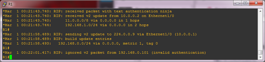 R1 ignoring routes from
VBox due to unexpected authentication