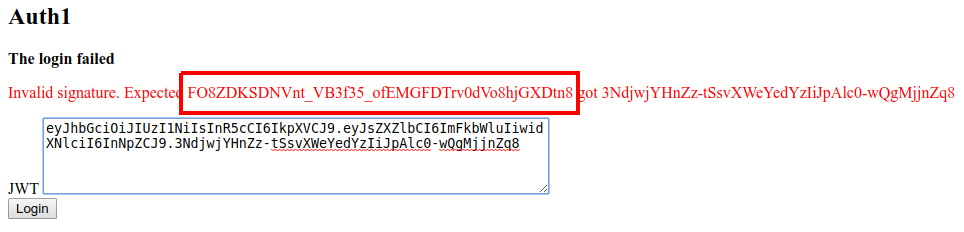 A failed login due to invalid signature showing the correct signature