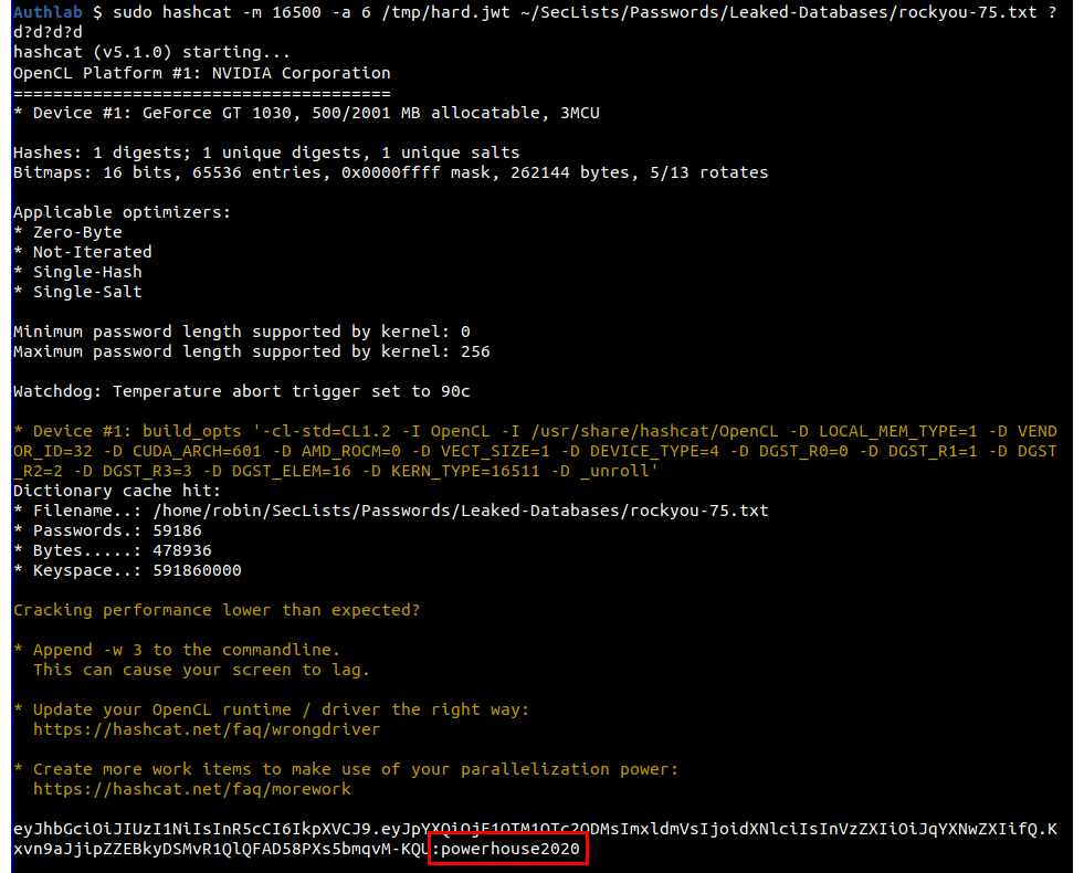 Hashcat cracking the hard JWT and showing the password as powerhouse2020