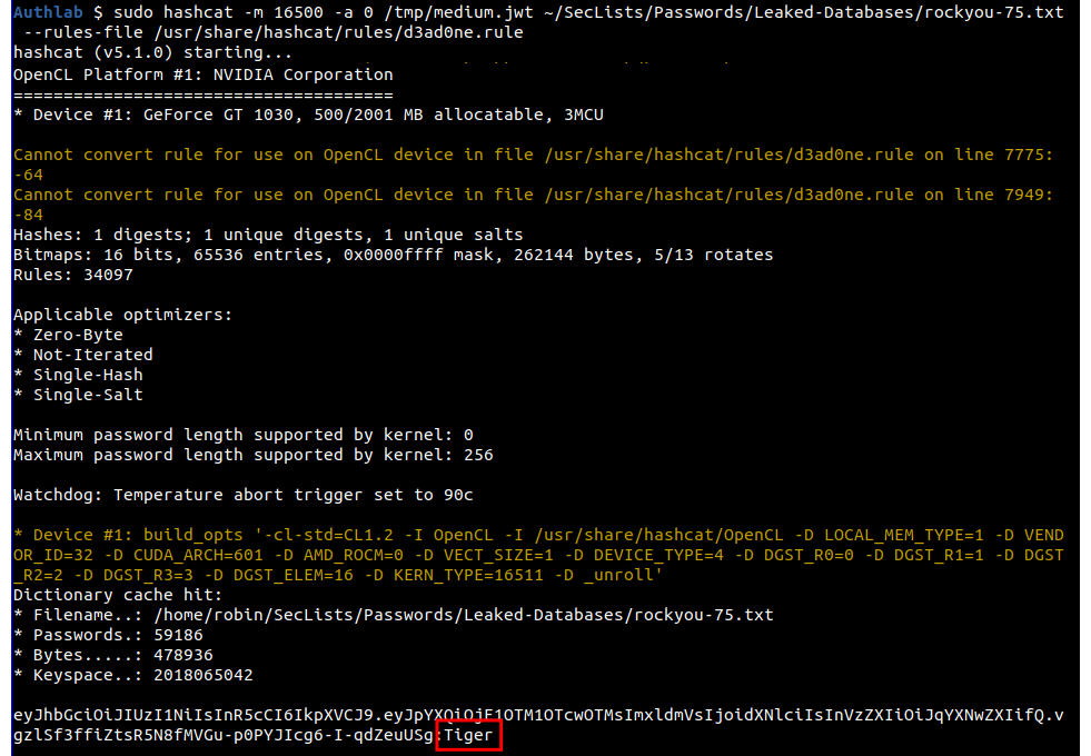 Hashcat cracking the medium JWT and showing the password as Tiger
