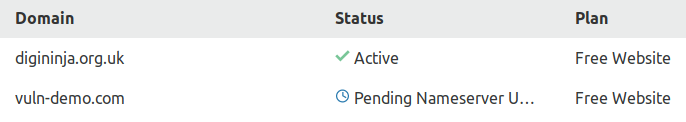 A status page from Cloudflare showing vuln-demo.com in a pending state and digininja.org.uk as Active