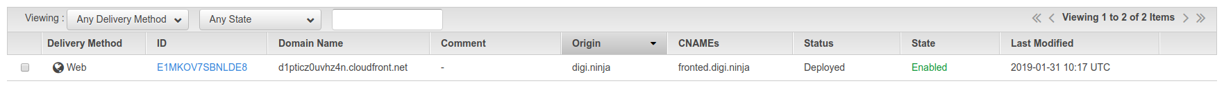The listing showing the domain setup in AWS console