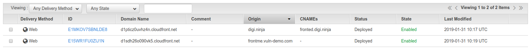 The listing showing the both the 'good' and 'bad' domains in the AWS console